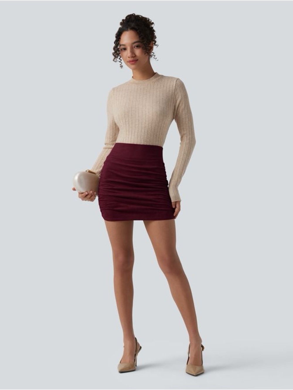 HALARA Ruched Mini Skirt in Burgundy